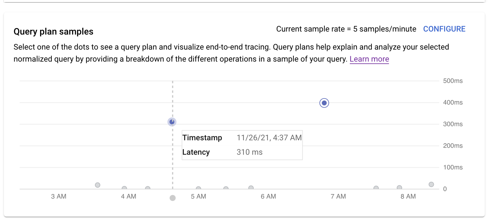 A graph for sample query plans, with the time when they
         were run at the bottom of the graph (x axis) and the number of seconds
         they ran on the right (y axis).