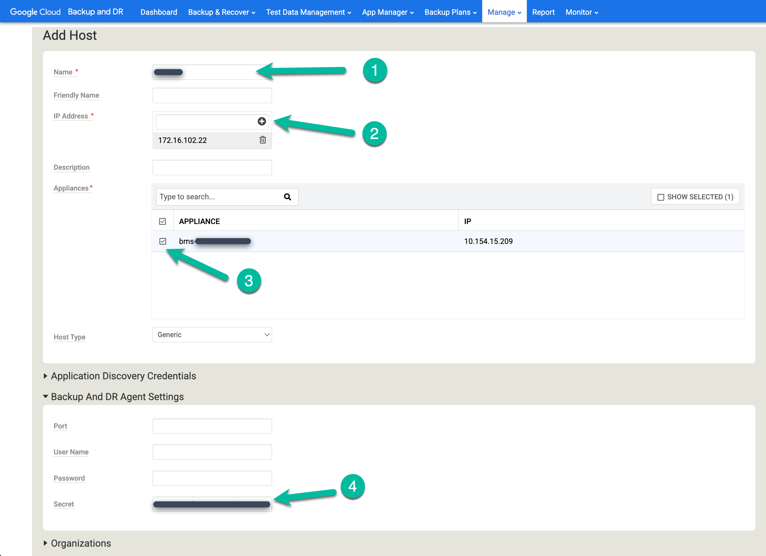 Backup and DR management console page that shows the fields you need to enter to add a host, such as the name, the IP address, and the appliance.