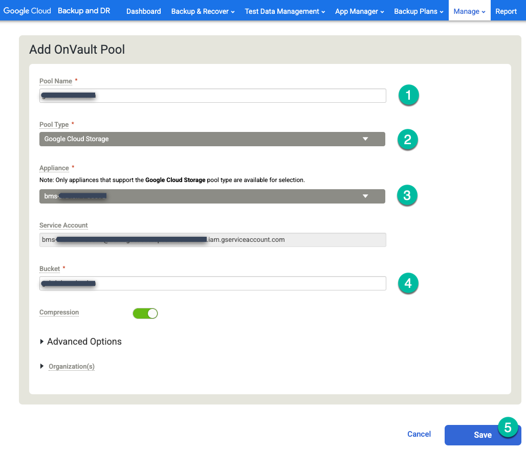 Backup and DR management console page that shows the Add OnVault Pool dialog box.