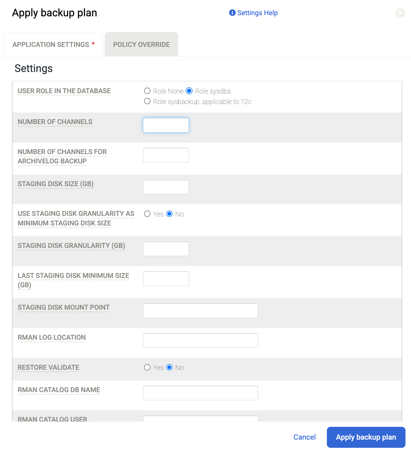 Caixa de diálogo &quot;Backup e DR&quot;, que mostra as opções avançadas para planos de backup.