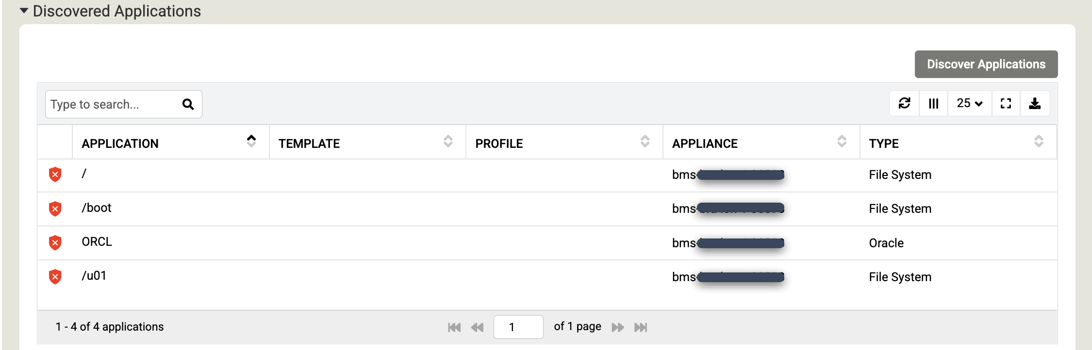 Backup and DR management console page that shows the applications that have been discovered by the Backup and DR system.