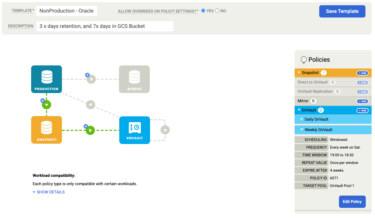 Backup and DR management console page that shows the result of configuring a snapshot policy.