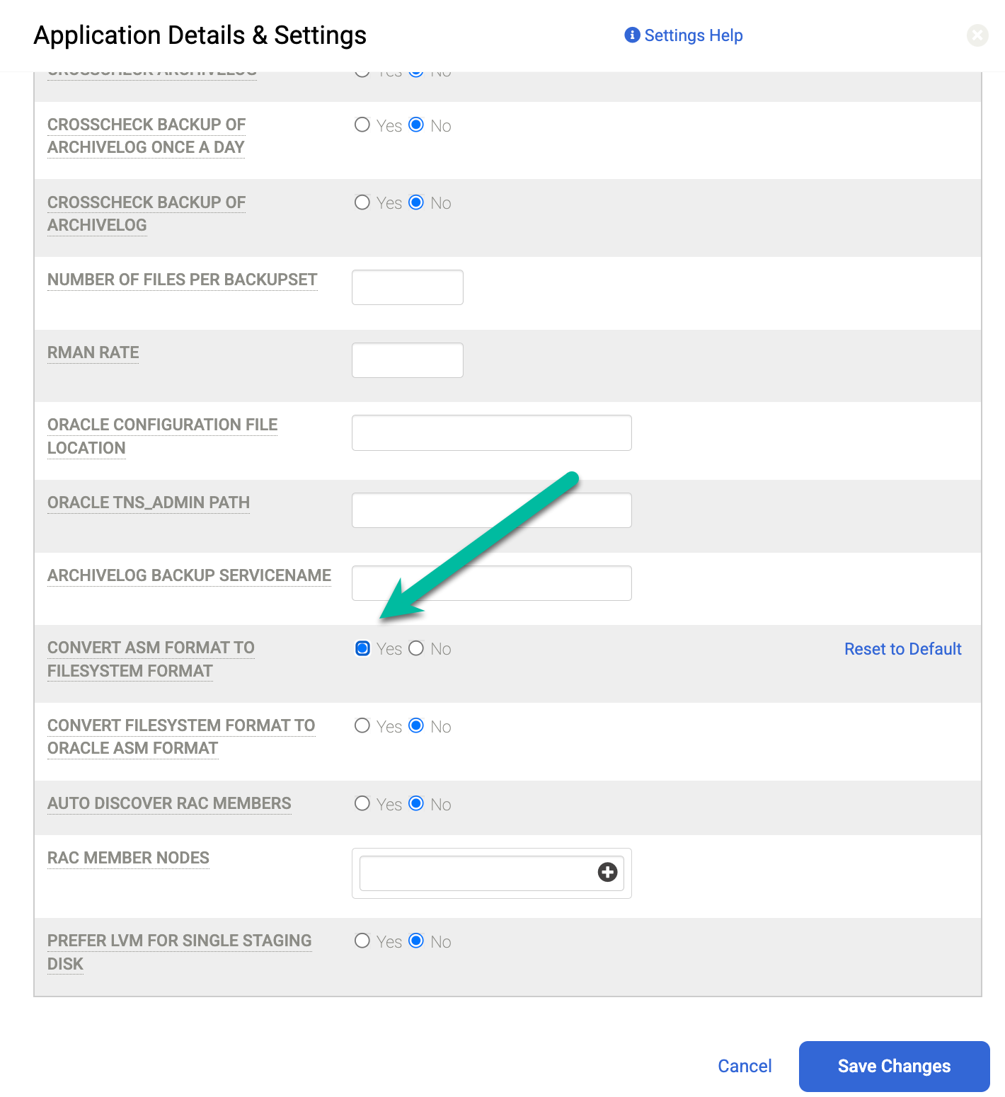 Caixa de diálogo de backup e DR que mostra como selecionar a conversão do formato ASM para o formato do sistema de arquivos.