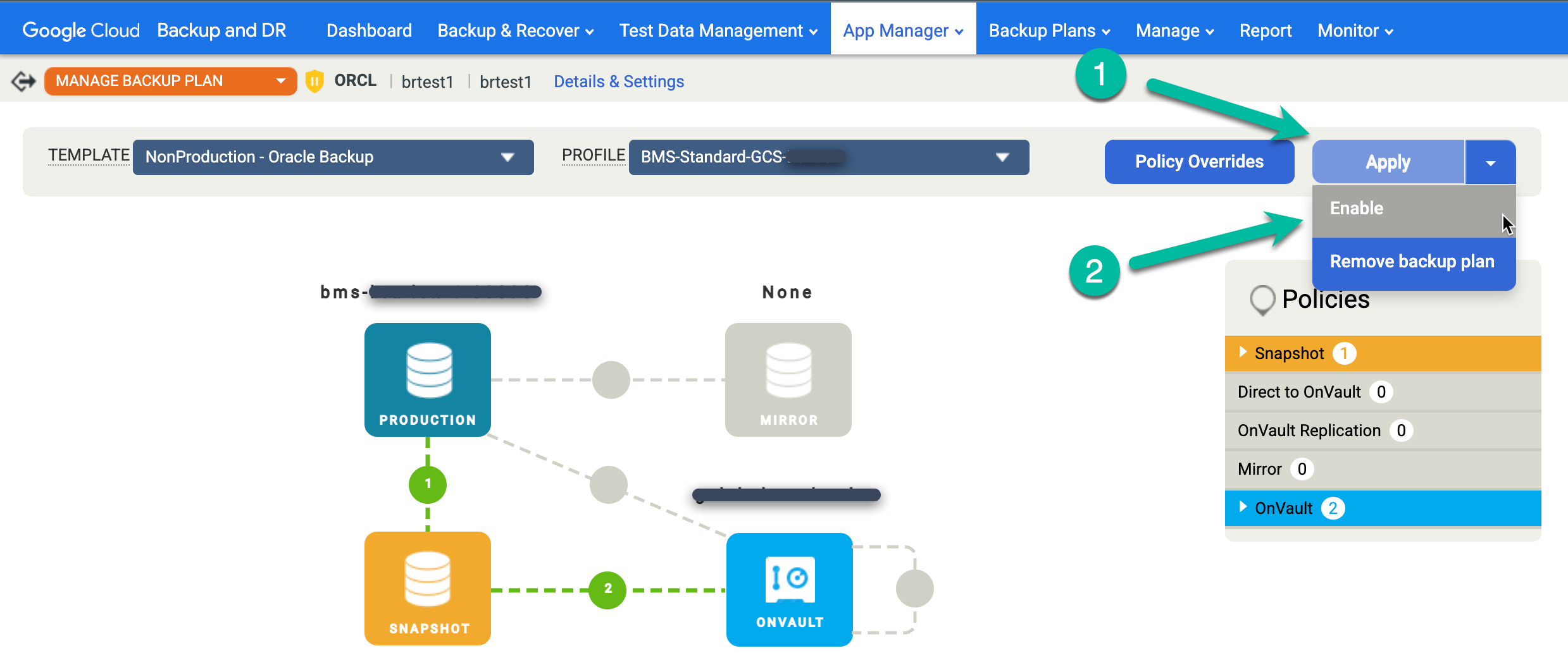 Página do console de gerenciamento de backup e DR que mostra como ativar um plano de backup para um database restaurado.