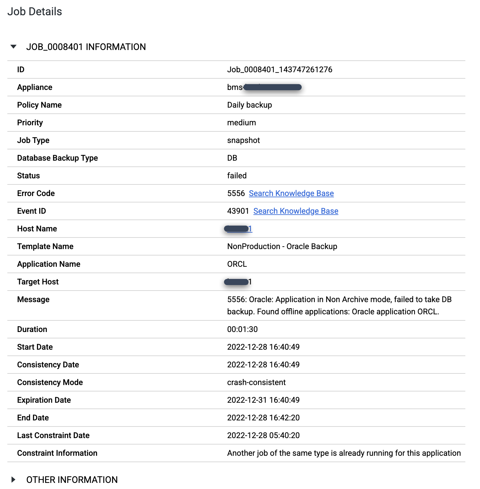 Caixa de diálogo &quot;Backup e DR&quot; que mostra os detalhes do job que contêm o código de erro 5556.