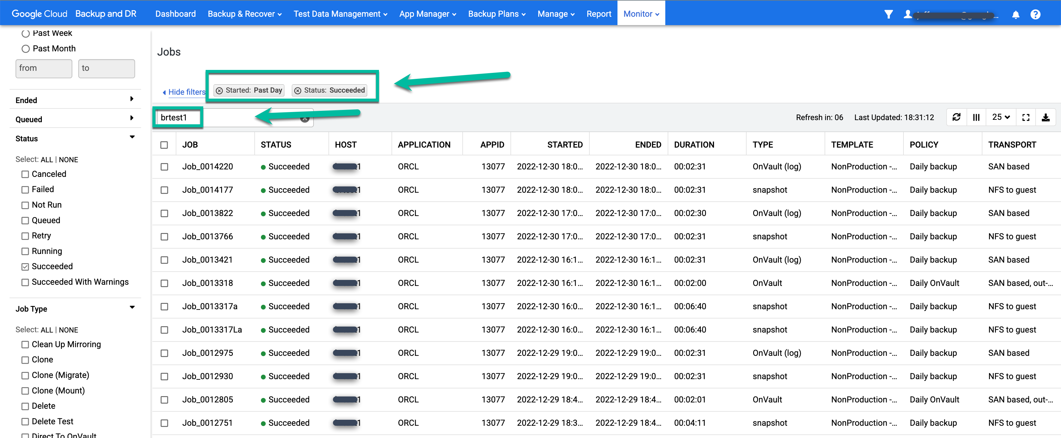 Backup and DR management console page that shows you how to search for a backup job by using filters.