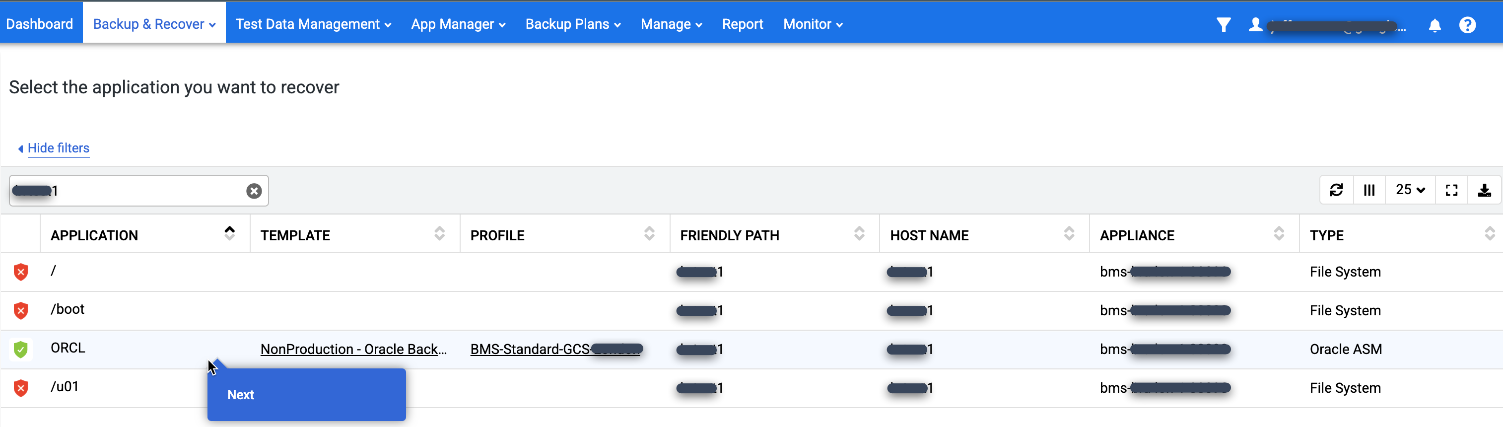 Página do console de gerenciamento de backup e DR que mostra como encontrar um database na página de backup e recuperação.