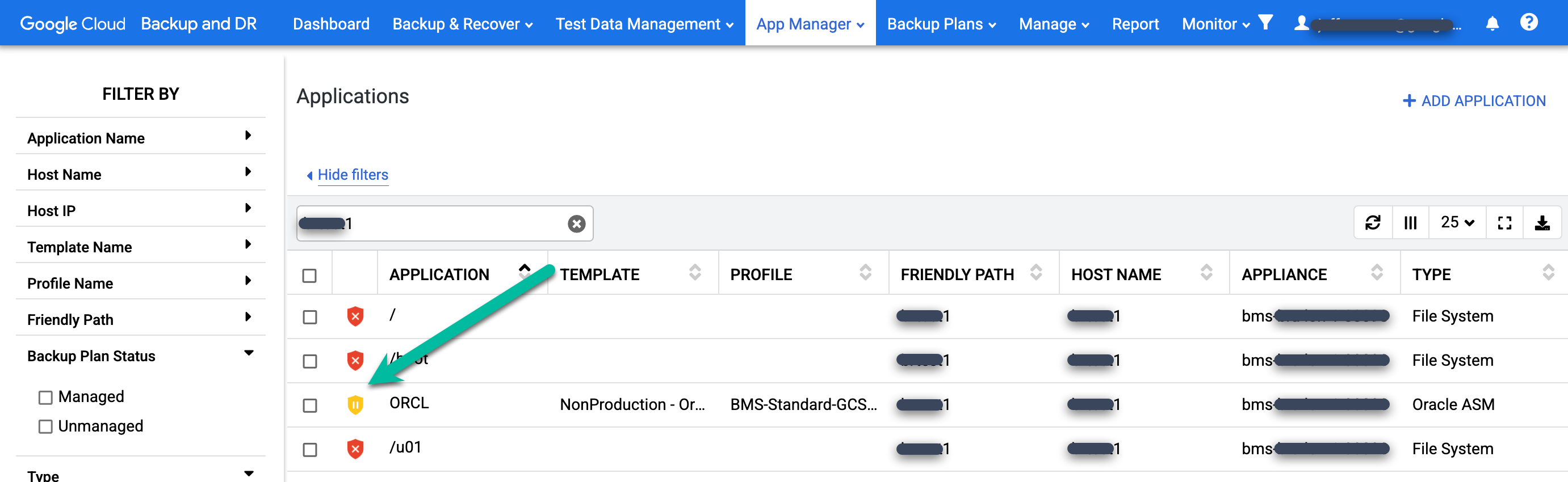 Backup and DR management console page that shows how to identify a restored database by finding a yellow-colored icon.