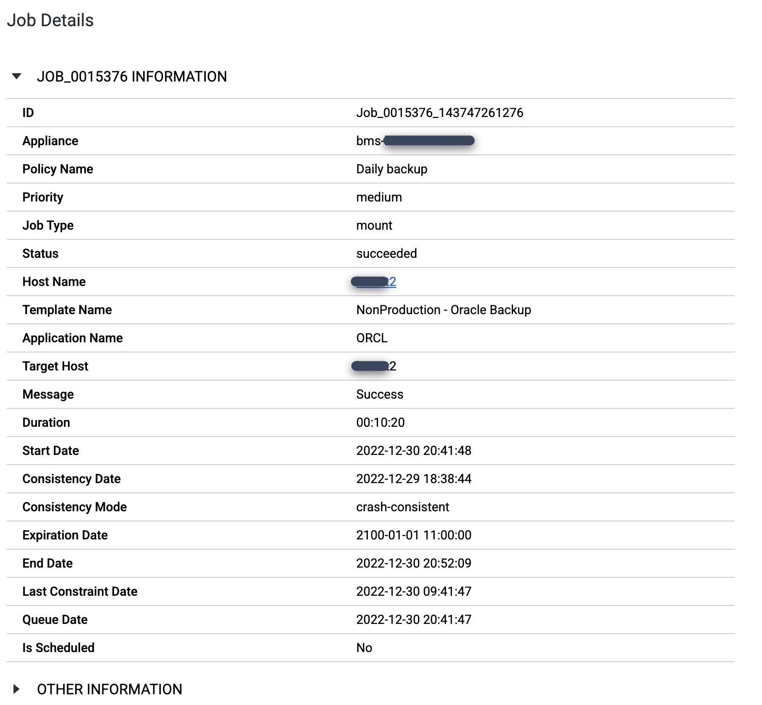 Caixa de diálogo de backup e DR que mostra os detalhes de um job.