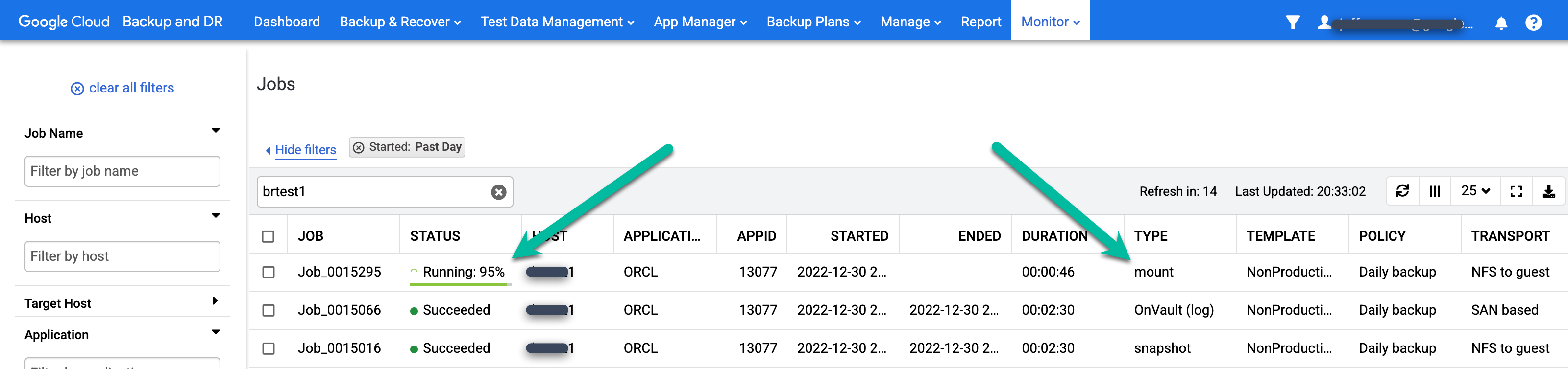 Página do console de gerenciamento de backup e DR que mostra a página Monitor > Jobs.