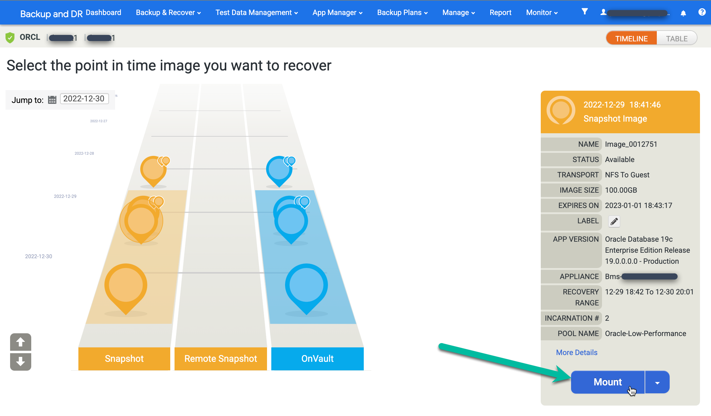 Backup and DR management console page that shows how to select, mount, and restore a backup image.