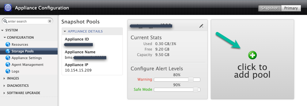 Página do console de gerenciamento de backup e DR que mostra como criar um novo pool de snapshots clicando no botão &quot;Clique para adicionar um pool&quot;.