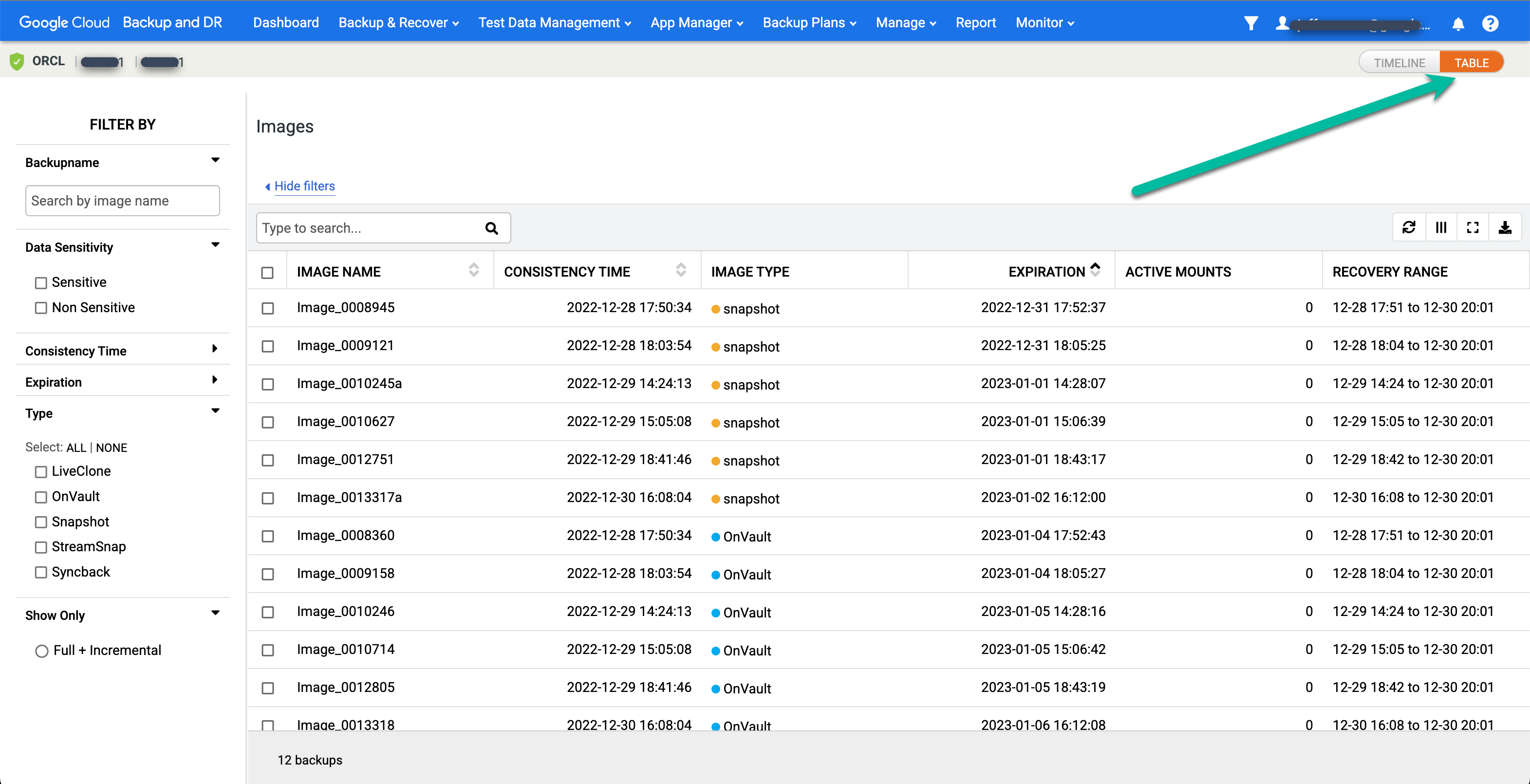 Backup and DR management console page that shows how to click the Table tab to view point-in-time backup images in a table.