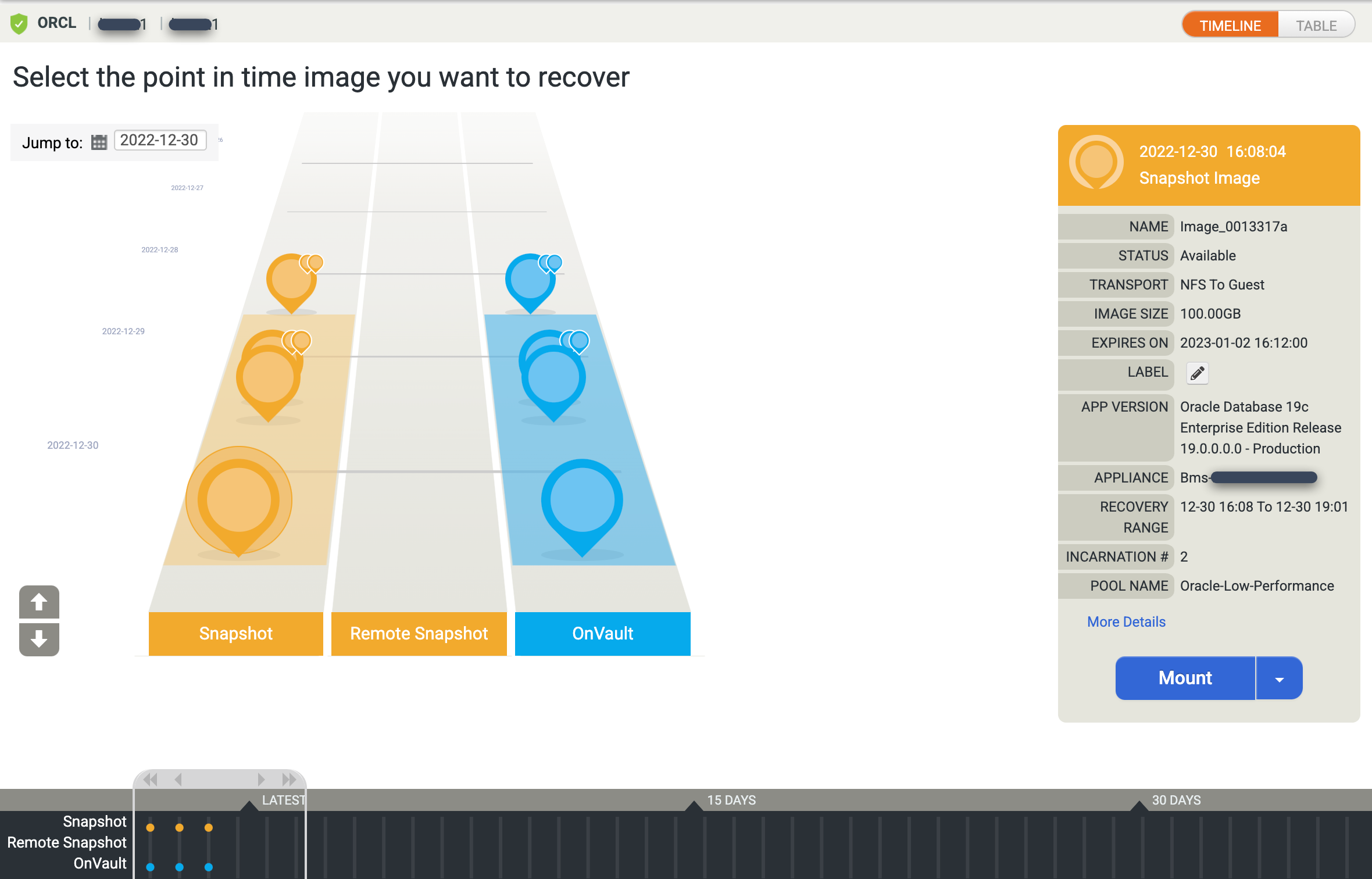 Backup and DR management console page that shows the Timeline Ramp View for backup images.