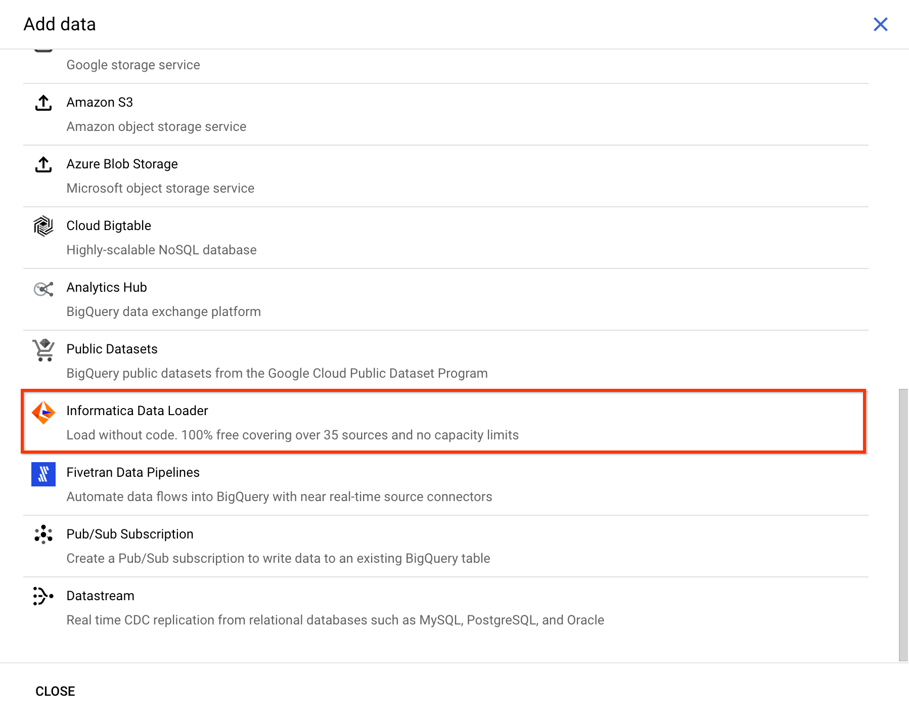 Open Informatica Data Loader in the Add data subtask