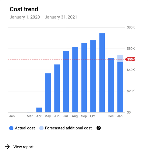 Grafico della tendenza di costo visualizzato durante la creazione o la modifica di un budget