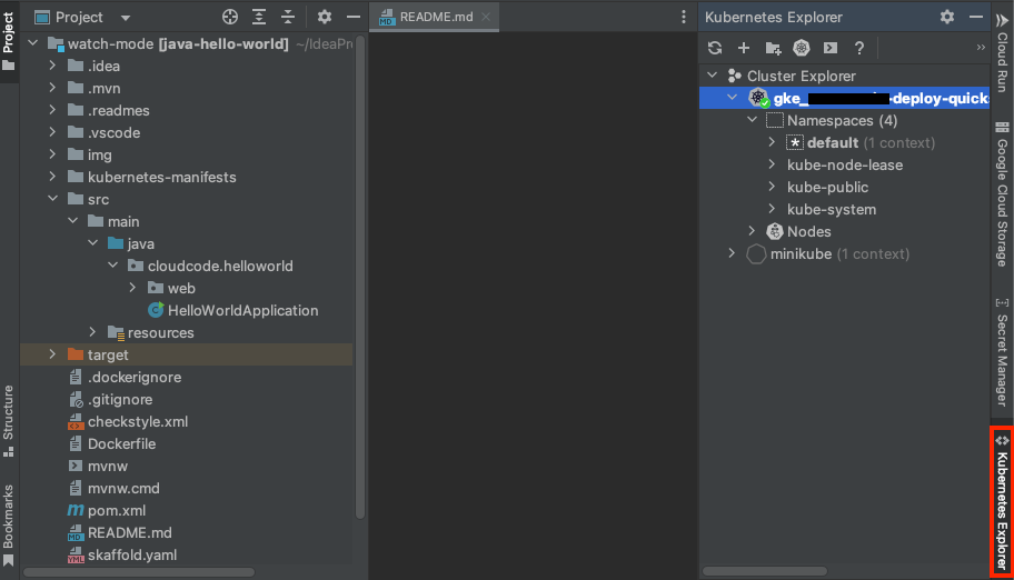 Kubernetes Explorer panel open using the tab on the right side taskbar