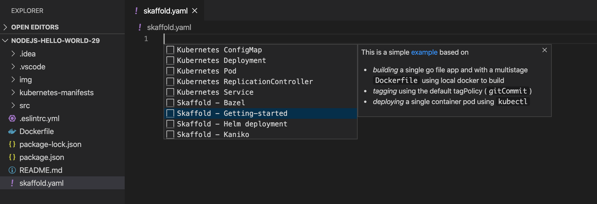 Create Skaffold configuration manually intellisense