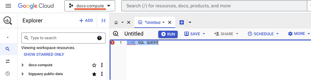 A interface do BigQuery mostra um projeto de computação chamado docs-compute no
    a página em que você executa consultas SQL.