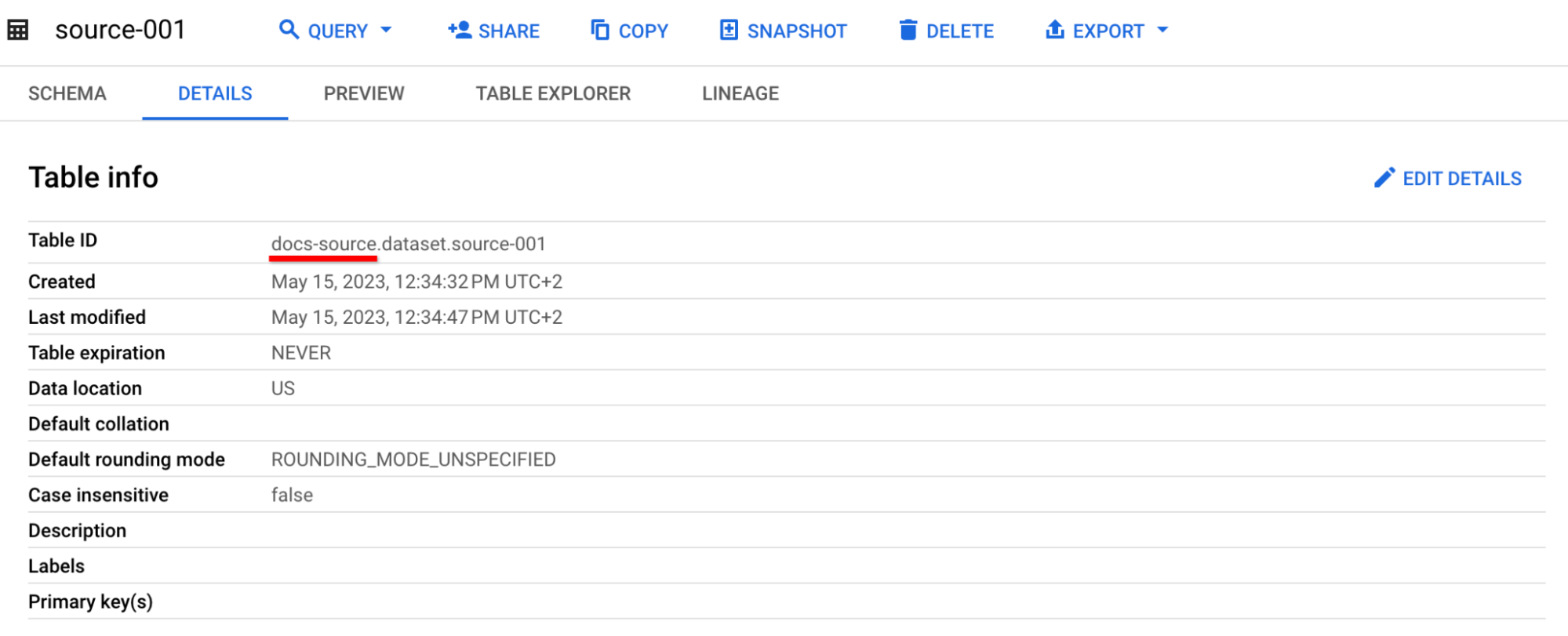 BigQuery UI에서 스토리지 프로젝트 이름은 테이블 ID 필드의 정규화된 테이블 이름에서 첫 번째 점 앞에 표시됩니다.