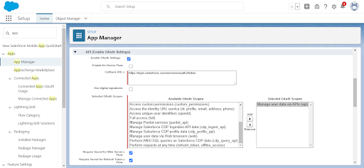 Inserisci URL di callback e ambiti OAuth in Salesforce.