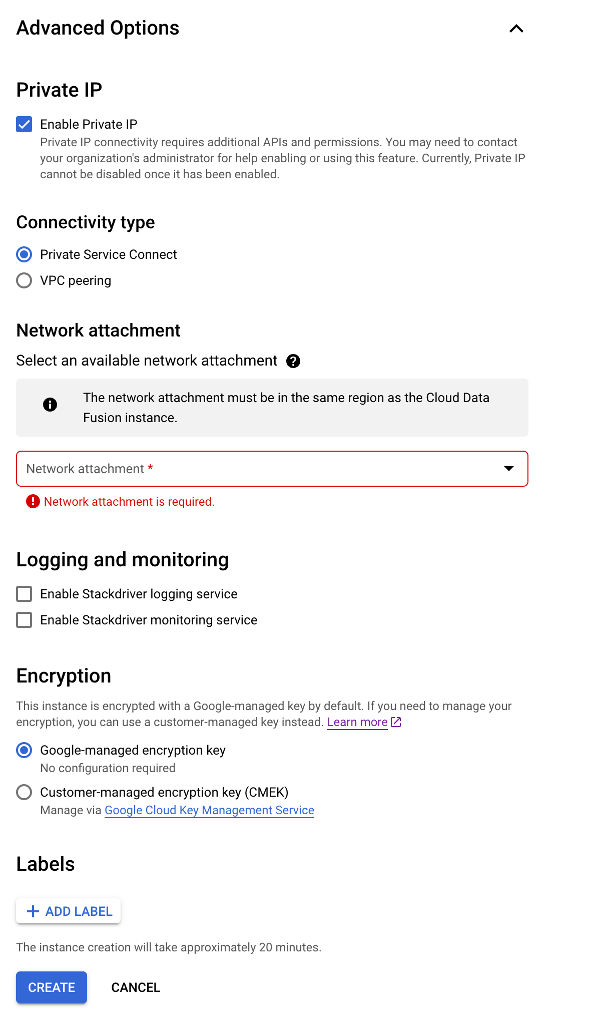 Crea un&#39;istanza Cloud Data Fusion con Private Service Connect