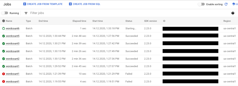 Daftar tugas Dataflow dengan tugas dalam status berjalan, gagal, dan berhasil.