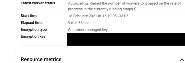 Panel samping info tugas yang mencantumkan detail tugas Dataflow.
      Jenis kunci yang digunakan oleh tugas Anda tercantum di kolom Jenis enkripsi.