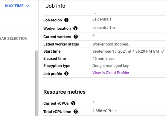 La página de trabajos con un vínculo a la página de Profiler.