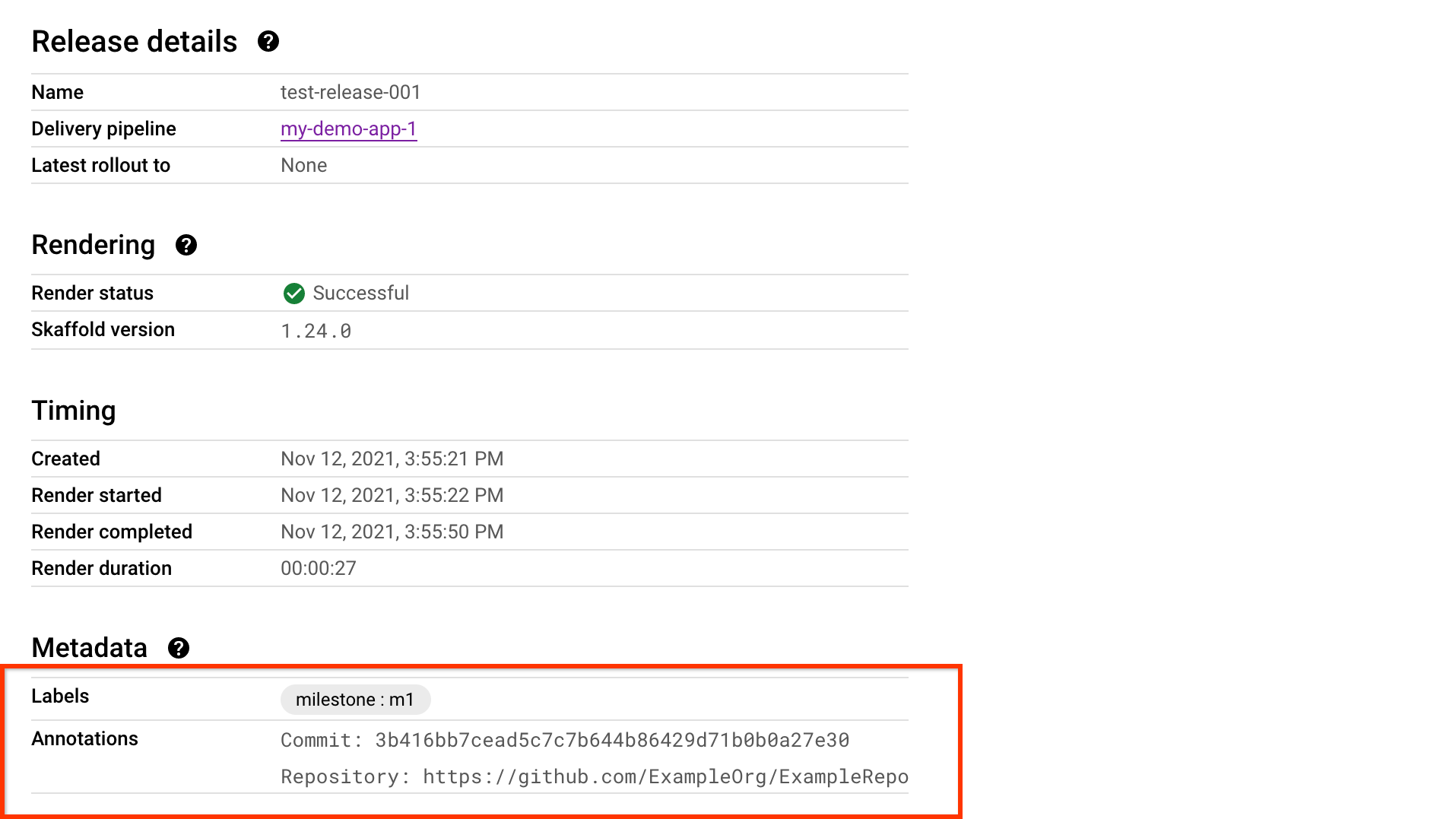 Detalles de la versión en la consola de Google Cloud 