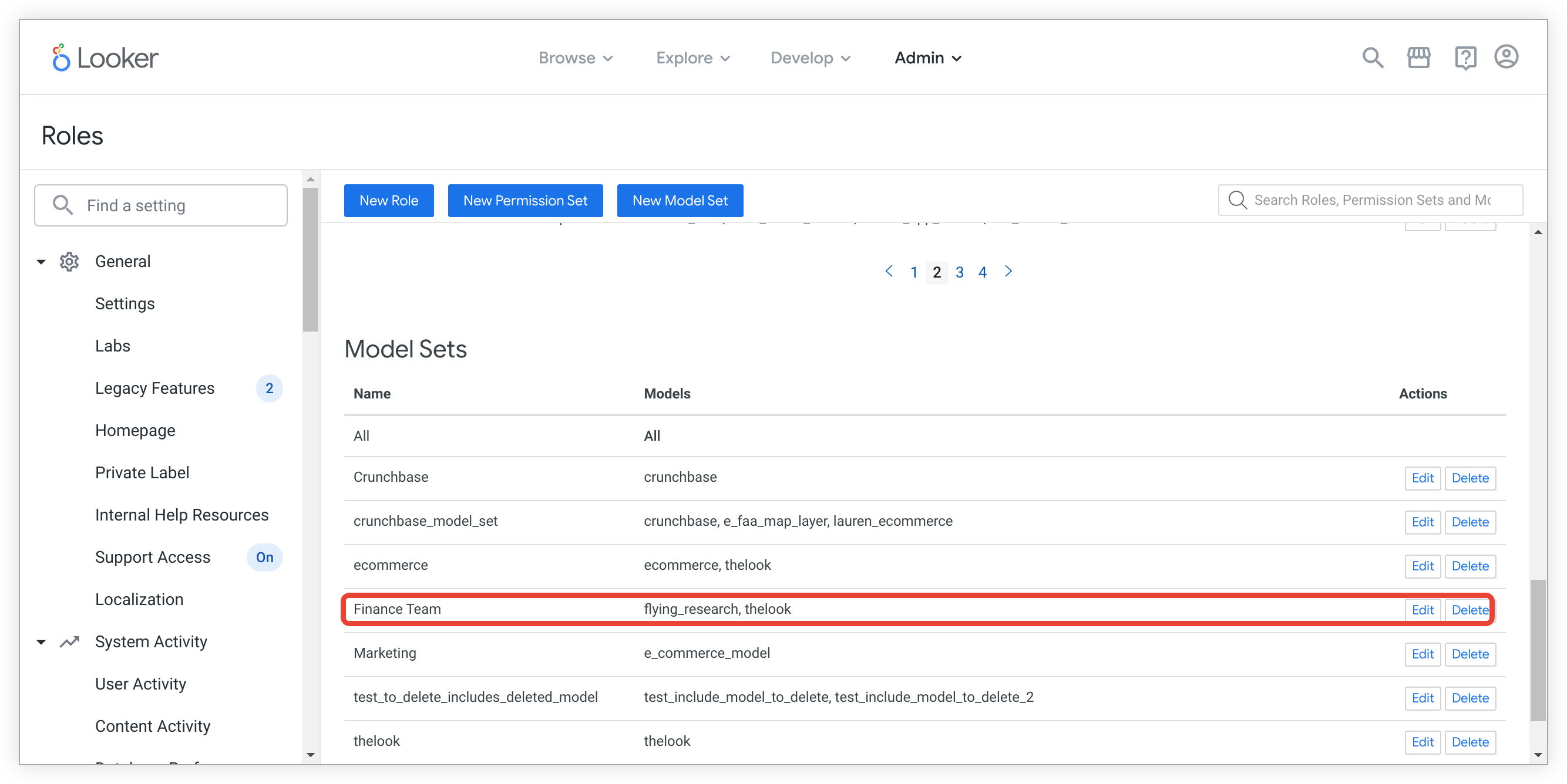 Eine Ansicht des Modellsatzes des Finanzteams, das die Modelle „fly_research“ und „thelook“ enthält, aber nicht das Modell „Datadectary“.