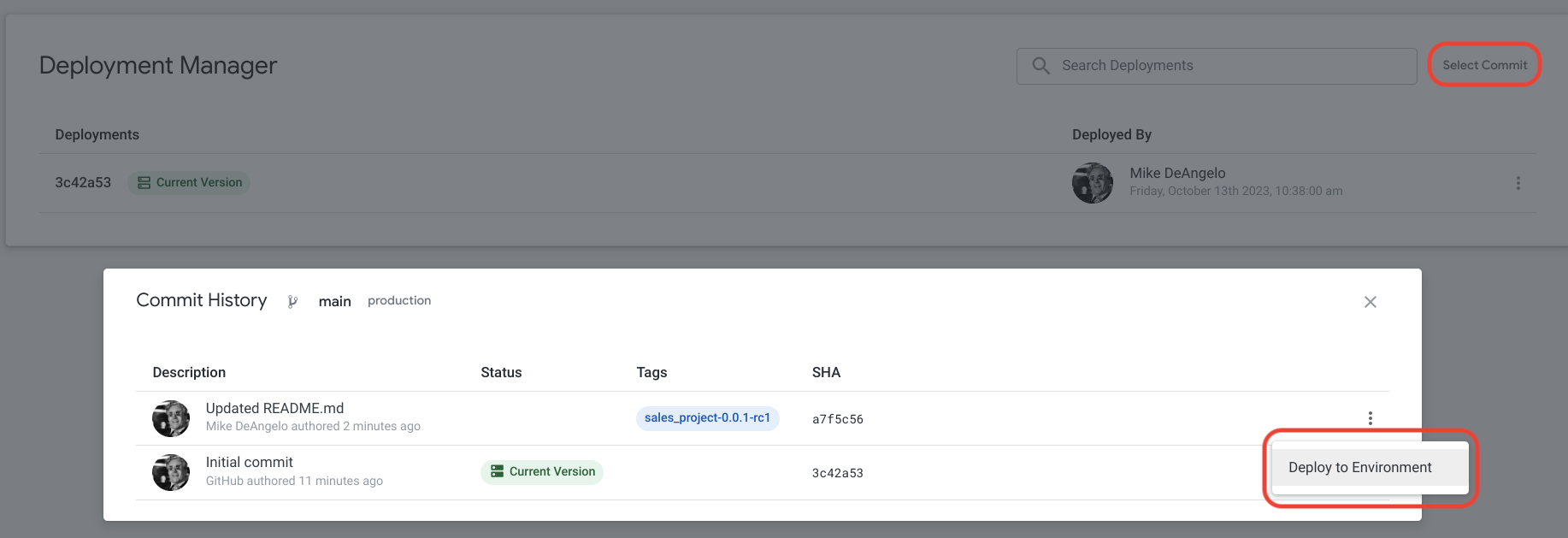 Looker Deployment Manager UI for deploying to environment.