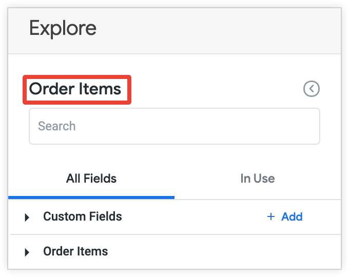 O rótulo &quot;Order Items&quot; aparece no canto superior esquerdo do painel do seletor de campo.