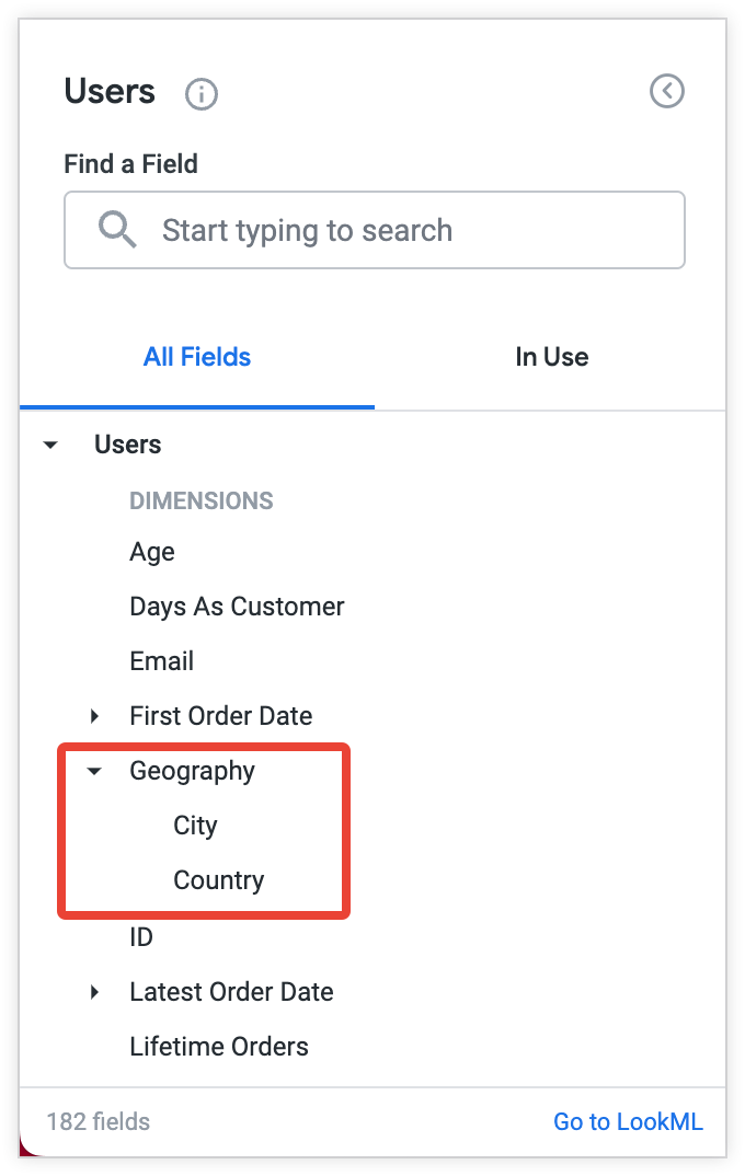 As dimensões &quot;Cidade&quot; e &quot;País&quot; são agrupadas no rótulo &quot;Região geográfica&quot; no seletor de campo.