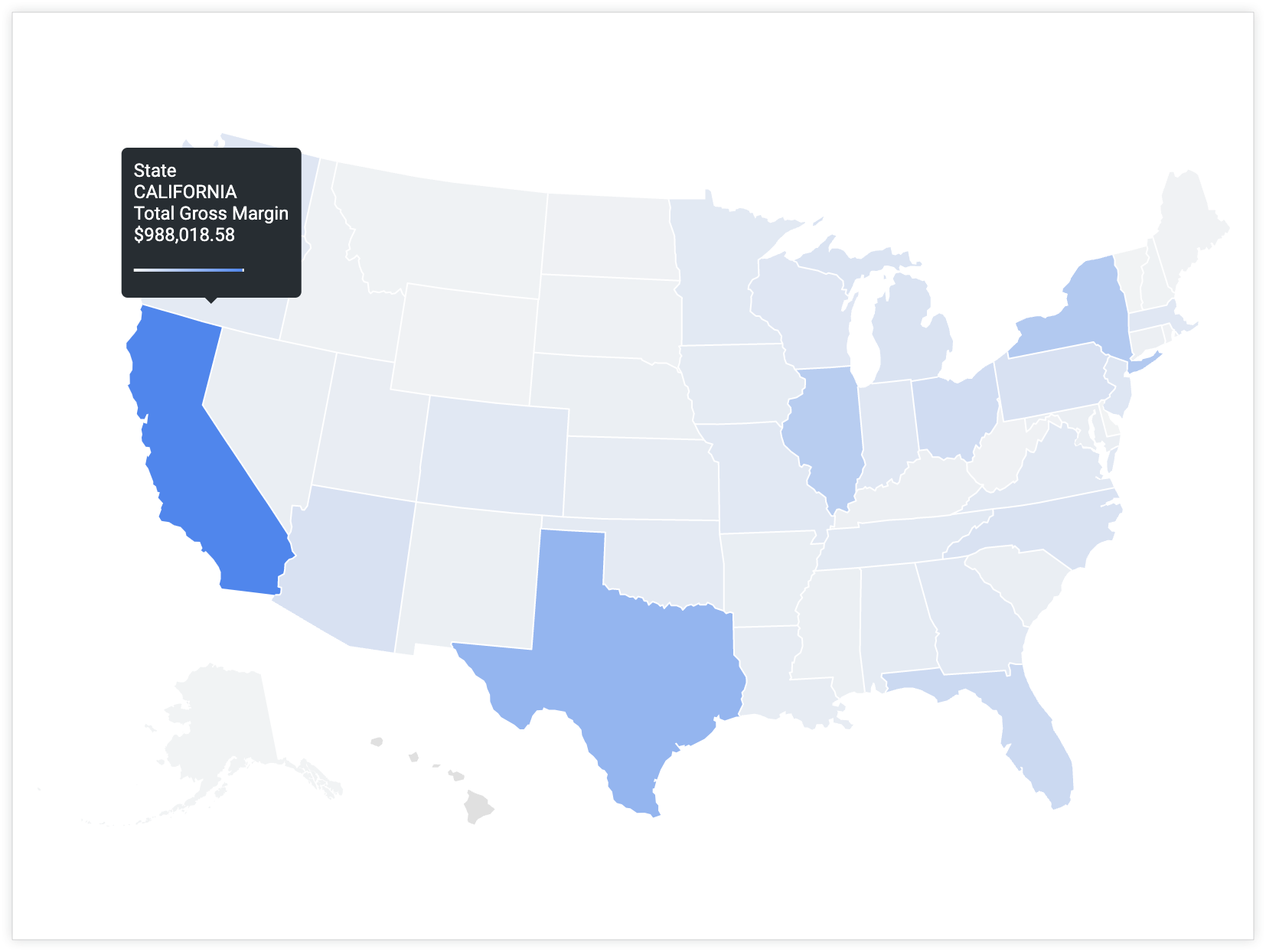 Un usuario coloca el cursor sobre California para mostrar un cuadro de información con el valor del estado “California” y el valor del margen bruto total de USD 988,018.58.