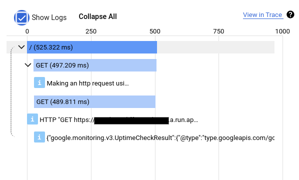 Cloud Trace displaying details of a trace for a Cloud Run function.