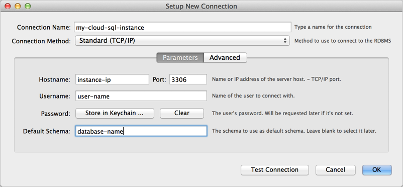 The Setup New Connection, Parameters in MySQL Workbench.