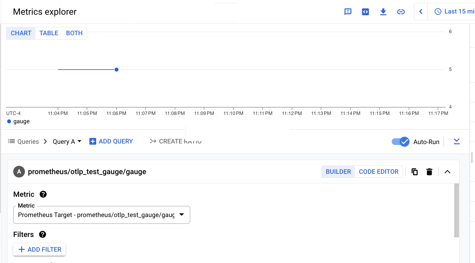 Builder-basiertes Metrics Explorer-Diagramm für den OTLP-Messgerätmesswert, der mit der Prometheus API aufgenommen wird.