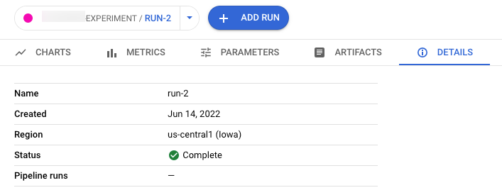 Vertex AI experiment run details