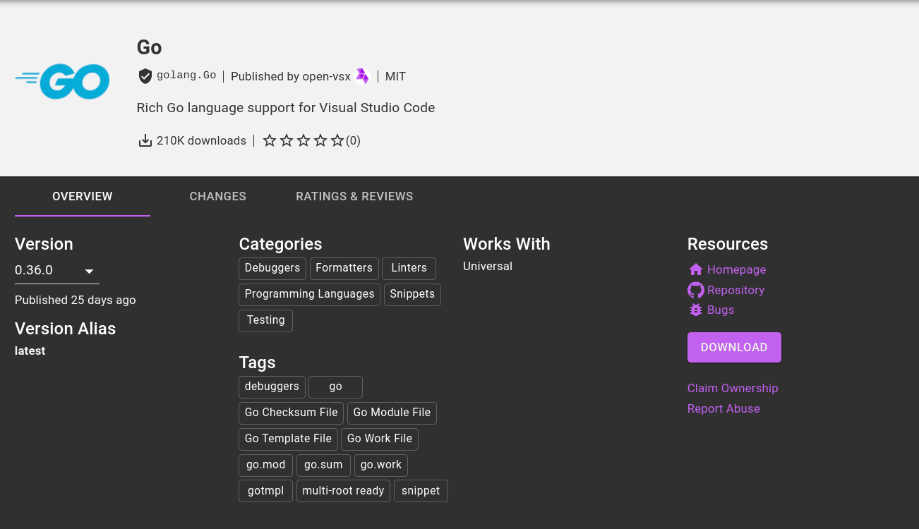 打开 VSX 页面，找到显示“下载”按钮的 Go 语言扩展程序。